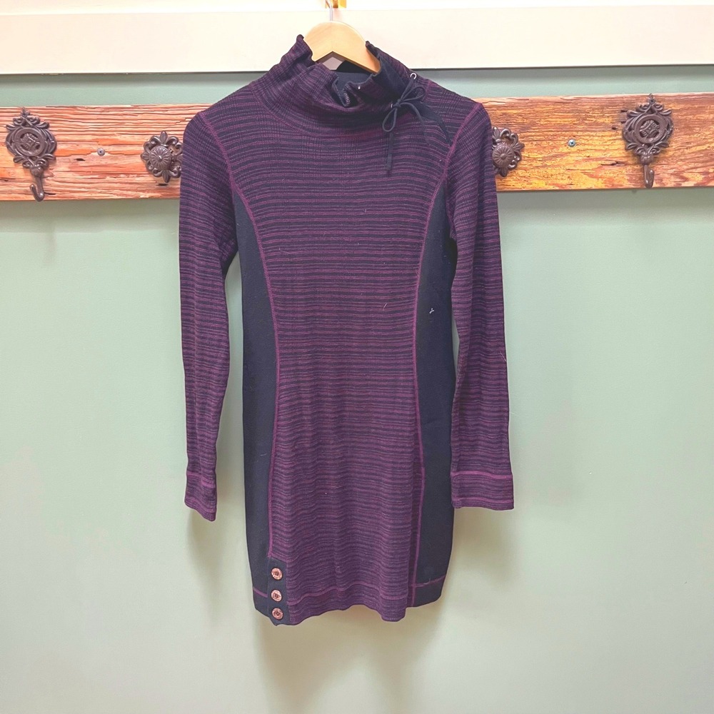 Prana Kelly Dress Plum Purple Black Striped Cowl Neck Sweater‎ Dress W3KELL315 S